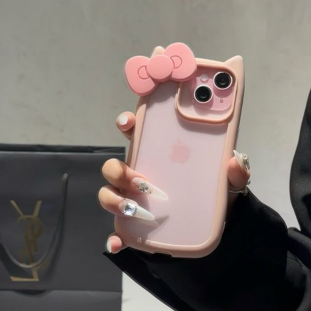 3D Bow Cat Ear Phone Case for iPhone 15 14 13 12 11 Pro Max Plus Cute Transparent Shockproof Hard Acrylic Bumper Back Cover