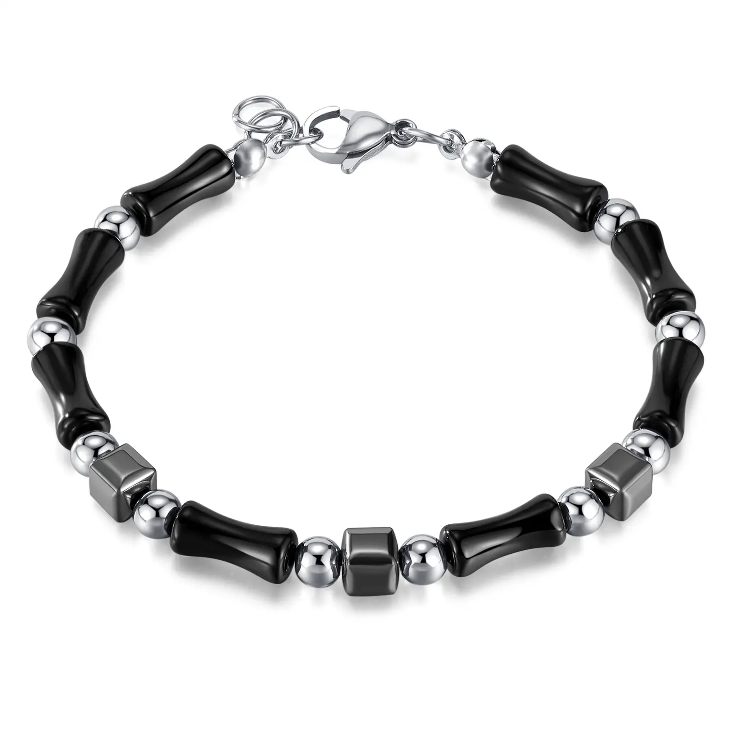 Fashion Jewelry Natural Stone Hematite Bracelet Stainless Steel Black Bamboo Chain Beaded Bracelet For Men Women Bangles