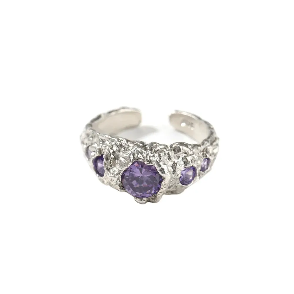 Vente chaude Hip-hop S925 Argent Couple Anneau Violet Zircon Irrégulier Lave Texture Conception Anneau Ouvert Peut Ajuster La Taille