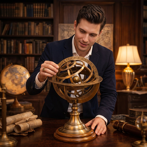 Modelo de Esfera Armilar de Latón Chapado en Oro |   Globo Astronómico Decorativo de Estilo Antiguo Moderno |   Adorno Circular de Mesa de 5 Pulgadas Hecho a Mano - Product Image 1