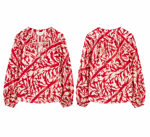 Chemisier ample <span class=keywords><strong>pour</strong></span> femme en 100% Ramie, imprimé abstrait rouge, col en V, manches ballon, style bohème décontracté, hauts d'été - Product Image 5