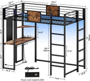Vente <span class=keywords><strong>en</strong></span> gros d'usine <span class=keywords><strong>Lit</strong></span> mezzanine <span class=keywords><strong>Lit</strong></span> double <span class=keywords><strong>avec</strong></span> <span class=keywords><strong>bureau</strong></span> et étagère Cadre de <span class=keywords><strong>lit</strong></span> mezzanine 2 échelles intégrées Prises de courant et lumières LED - Product Image 3