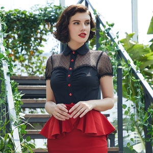 Camicetta Vintage da <span class=keywords><strong>Donna</strong></span> OEM con Maniche Corte, Colletto a Risvolto, Bottoni Rossi, Design Patchwork in Rete, Moda Estiva - Product Image 4