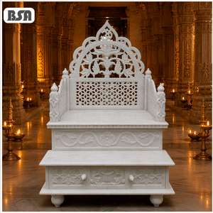 BSA Beyaz Mermer Pooja Mandi Oymalı Mandir Çiçek Desenli Oymalı Mermer Tapınak Çekmeceli Pooja Mandi Küçük Mermer Ev Tapınağı - Product Image 1