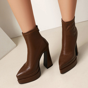 2026New Stylish Women Shoes Black Wrinkle pu Ankle Boots With Double Platform <b>Block</b> High Heel waterproof fashion women shoes - Product Image 4