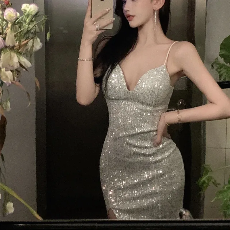 King Young Summer Stars Do Shine Sequin Spaghetti Strap V Neck Front Slit Back Zipper Midi Dress party women dresses