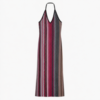 Robe maxi en tricot rayée multicolore bordeaux sur mesure pour femmes, col halter, sans manches, OEM ODM