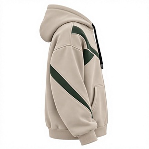 Sweat-shirt à capuche zippé pour homme, beige et vert, style décontracté, avec cordon de serrage - Product Image 4