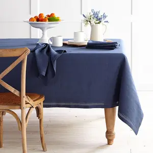 客户尺寸矩形海军蓝色红色编织亚麻亚麻桌布与多色