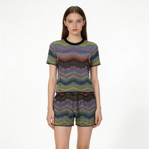 Conjunto de Shorts de Lana con Estampado Moderno para Verano, Talla Única, Estilo Deportivo, Diseño sin Cuello, Tejido Liso - Product Image 3