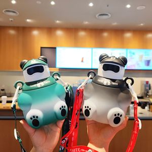 Cartoon Animal Bear Water Cup With Straw Strap And Handle For Kids Travel Green Black Red Orange - Product Image 1