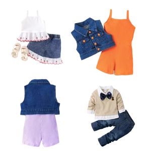 Ensembles de vêtements d'été en coton pour enfants avec débardeurs, shorts en jean et robes sans manches – Tenues pour filles et garçons – Lots de vêtements en stock - Product Image 5