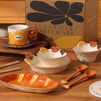 Bol en porcelaine à motifs dessinés à la main sous glaçure, vaisselle à pain, tasse à café en relief avec soucoupe et assiette, compatible micro-ondes