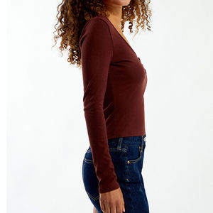 Custom <b>Women</b> <b>Loose</b> Summer Embroidery Cropped Henley T-<b>Shirt</b> Wholesale OEM ODM High Quality 100% Cotton Breathable - Product Image 4