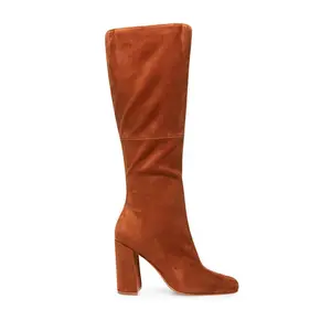 Square Toe Women's Long Boots Faux Suede Material Side Zipper Knee Boots Ladies High Heel Boots