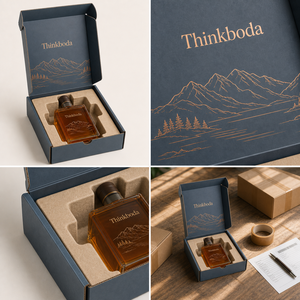 Boîte cadeau rigide bleu marine personnalisée professionnelle avec estampage à chaud en cuivre motif paysage montagneux pour emballage de whisky 750 ml - Product Image 3