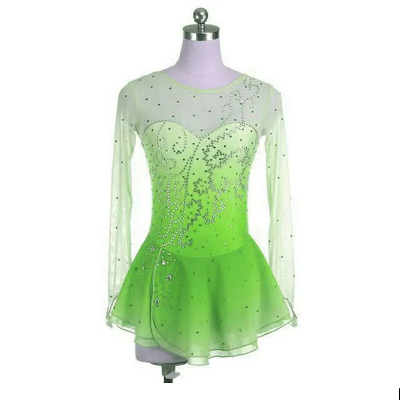 Buz artistik patinaj elbise kız kadın rekabet yeşil mavi kaliteli Rhinestones ritmik jimnastik dans Leotard paten elbise