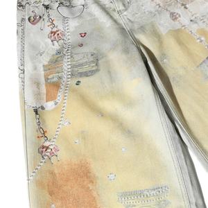 Men's Vintage Denim Straight Leg Pants Punk <b>Chain</b> 3D Digital Print Tie Dye Retro Niche Hip-hop Street Style Wide Leg <b>Jeans</b> - Product Image 4