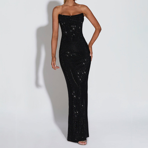 Gaun Maxi Wanita Formal Pesta Malam Berkualitas Tinggi Grosir, Model Kerah Tanduk Tanpa Tali Bertabur Rhinestone Mewah dengan Tali di Belakang - Product Image 4