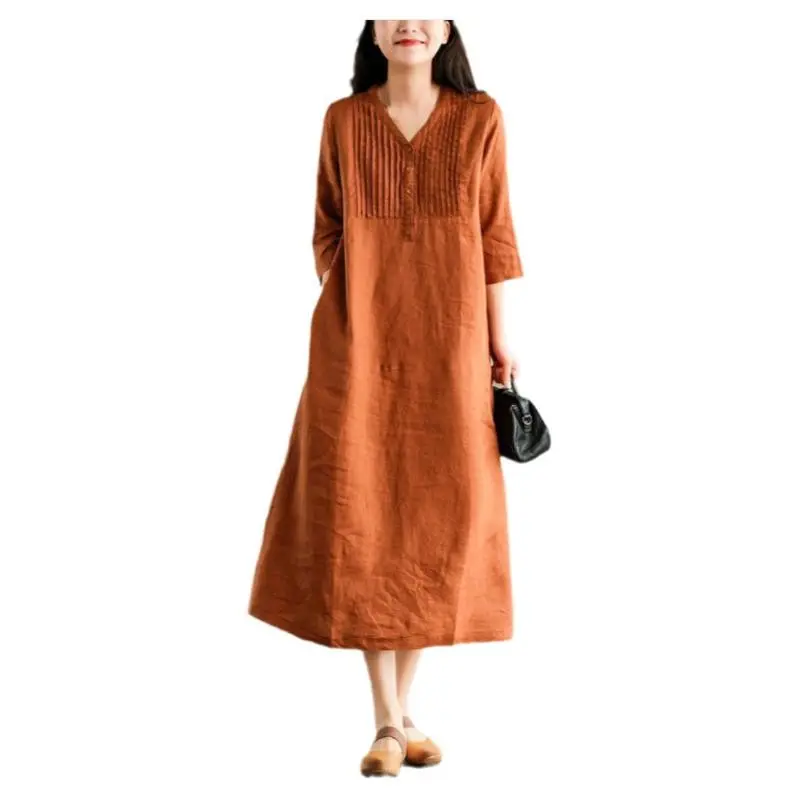 High Quality OEM/ODM linen midi length pleated elegant Pockets Loose Casual Maxi Dress women shirt dresses