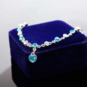 Ocean Heart <b>Bracelet</b> With Heart Pendant Geometric Style Unisex Jewelry Everyday Wear Blue Crystal Bezel Setting - Product Image 1