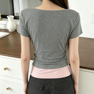 Top Básico Versátil de Dos Piezas con Bloques de Color, Camiseta Casual de Punto de Manga Corta para Mujer - Product Image 5