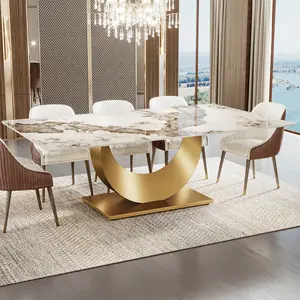 Tavolo da pranzo in marmo rettangolare di fascia alta, lungo 2m, con piano in ardesia pandora e base in acciaio inossidabile dorato