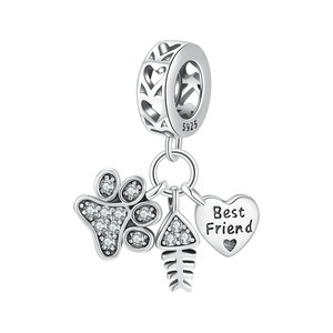 Breloque Chat Meilleur Ami en Argent S925 avec Pavé de Zirconium Cubique, Patte, Os de Poisson, Cœur, Triple Pendentif Creux pour Bijoux - Product Image 1