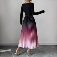 Robe midi plissée vintage pour femme, taille élastique, dégradé noir et rose ombré, col rond, manches longues, élégante