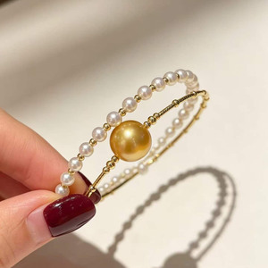 Double Layer Pearl Cuff Bangle With 10-11mm Rich Tea Golden Pearl & 3.5-4mm Aurora Baby Pearl, 925 Silver Elegant Luxury Jewelry - Product Image 3