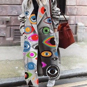 Abrigo de lana para mujer con estampado de ojos, corte holgado, cuello redondo, estilo urbano, tela tejida de grosor medio, moda de primavera - Product Image 1