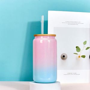 Vaso de Vidrio Esmerilado Degradado de Borosilicato de 16oz, para Sublimación, con Tapa de Bambú y Pajita, KONVINI G01, Vajilla Moderna para Bodas - Product Image 4