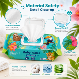 Vente en gros de lingettes pour bébé de qualité supérieure, 99 % d'eau purifiée, avec couvercle, 80 lingettes, design style forêt tropicale <span class=keywords><strong>Amazon</strong></span> - Product Image 4
