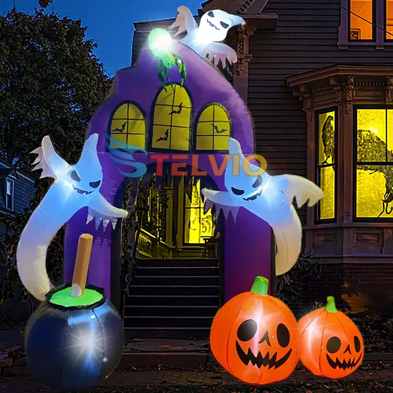 Arco de calabaza fantasma inflable de bienvenida de Halloween personalizado con LED arco inflable de Halloween para decoración de entrada