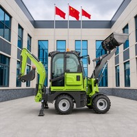 Chargeuse-pelleteuse de chantier avec godet de chargement frontal et flèche de terrassement arrière pour applications de terrassement et d'agrandissement des terrains