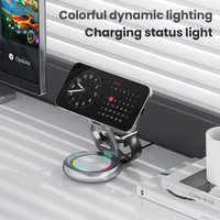 Chargeur sans fil magnétique pliable 3 en 1, support de téléphone en aluminium, station de charge rapide 15W avec base rotative à 360° et lumière RVB