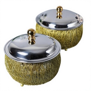 Juego de Dos Calentadores de Comida Metálicos, Forma Redonda, Vajilla, Cazuela, Acabado Dorado, Olla Decorativa Metálica - Product Image 1