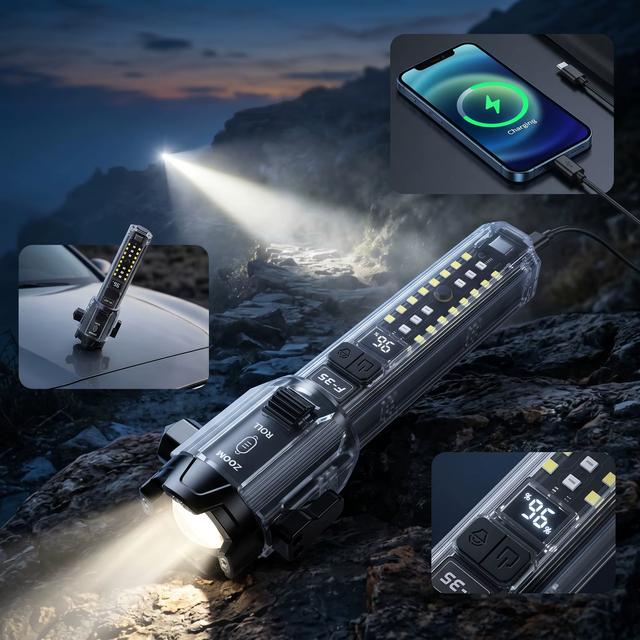 Rechargeable Tactical LED Flashlight with Power Bank Type-C Digital Display Magnetic Torch for Camping Emergency