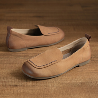 Mocassins en daim marron en cuir véritable à bout carré, à enfiler, avec design cousu plat, semelle extérieure en caoutchouc, chaussures décontractées pour la marche, toutes saisons
