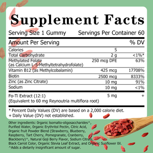 Gomitas de Biotina al por Mayor de Fábrica, Folato Metilado, Vitamina B12, Zinc, Suplemento Vegano para Apoyar el Crecimiento del Cabello y la Luminosidad de la Piel - Product Image 2