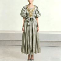 Robe de soirée élégante et luxueuse vert sauge à manches bouffantes pour femme, broderie dorée, coupe ample, décontractée, en satin brillant, longueur maxi, ODM
