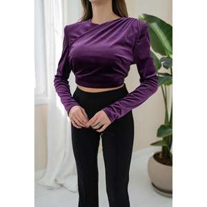 Wholesale Purple <b>Velvet</b> Blouses <b>for</b> <b>Women</b> Casual Daily Print <b>Tops</b> XL Size Breathable Knitted Fabric Winter Spring Autumn Seasons - Product Image 1