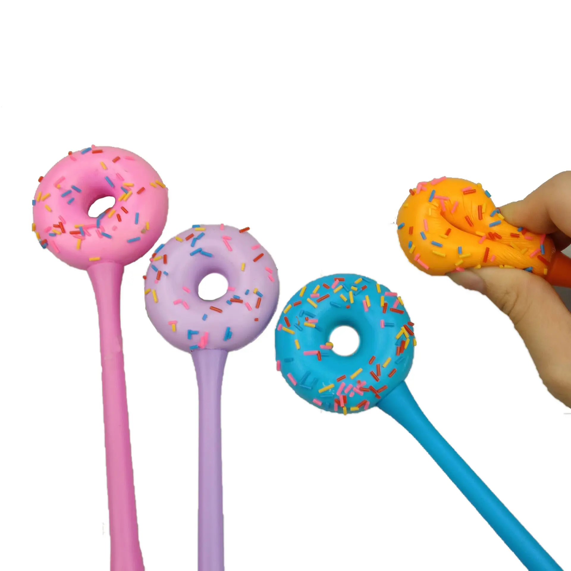 थोक कस्टम स्वच्छ और अच्छी गुणवत्ता वाली नवीनता फैंसी स्क्विशी डोनट बच्चों के लिए रंगीन pens को राहत देते हैं।