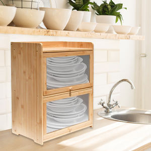 Organisateur de rangement multifonctionnel à 2 niveaux en bambou Extra Large Armoire de rangement de comptoir autoportante pour la cuisine - Product Image 3