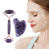 Ensemble de rouleaux de jade et de Gua Sha en cristal d'améthyste pour massage facial, lifting du visage, resserrement de la peau, écologique, certifié CE, pour la maison