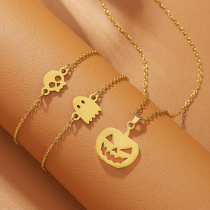 Stainless Steel Halloween Necklace Bracelet Set <b>Pumpkin</b> Skull Ghost Pendant Fashion Jewelry Gift for Women - Product Image 1