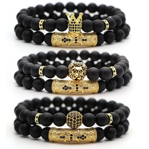 Pulsera de cuentas con diseño de corona imperial y cabeza de león, con piedra de ónix negro mate y micro pavé de circonita cúbica, para <span class=keywords><strong>hombre</strong></span>. - Product Image 1
