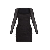 Dresses — robe courte froncée noire, mode, col carré, motifs, robe à bandes, manches longues, mini robe froncée noire