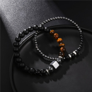 Ensemble de bracelets œil de tigre et hématite pour hommes, perles noires mates, cube argenté, élastique, pierres précieuses, bijoux faits à la main, vente en gros - Product Image 2