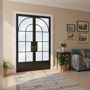 Porte en acier à double battant <span class=keywords><strong>de</strong></span> style français avec des motifs en <span class=keywords><strong>treillis</strong></span> <span class=keywords><strong>de</strong></span> <span class=keywords><strong>verre</strong></span> trempé pour une utilisation intérieure et extérieure - Product Image 2